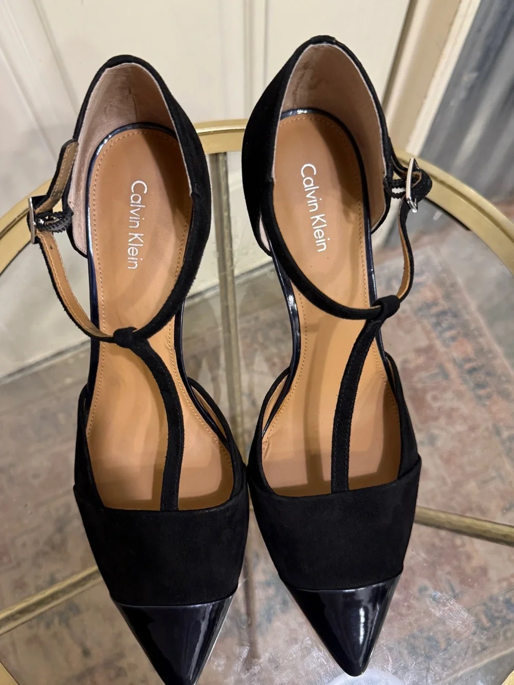 Calvin Klein Black Pointed T-Strap Heel Pumps - Women